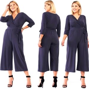 Plus Size Dark Grey V-neck self tie Waist wide leg jumpsuit.